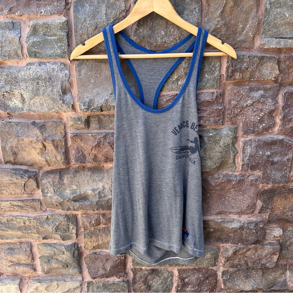 ✨AVIATOR NATION HEATHER GRAY W/BLUE VENICE BEACH RACERBACK RINGER TANK S